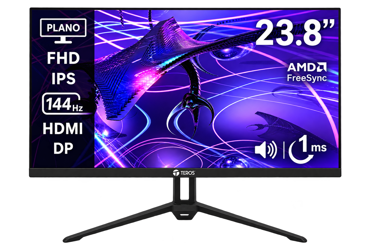 Monitor plano TEROS TE-2417S, 23.8" FHD IPS, 144Hz, 1ms, HDMI, DP, Audio out, Parlantes